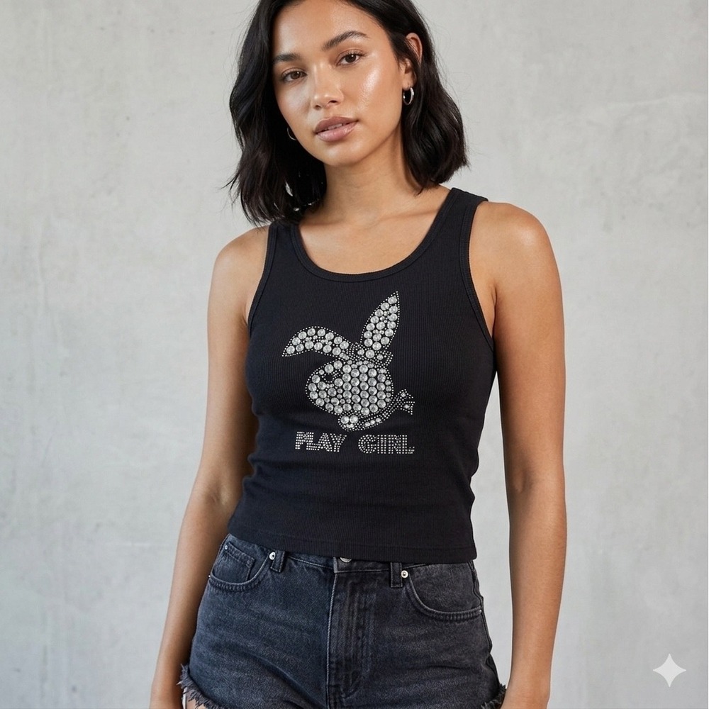 Vtg‎ Y2K Play Girl Bunny Graphic Tank Top Sm Black Rhinestone Bling Babydoll